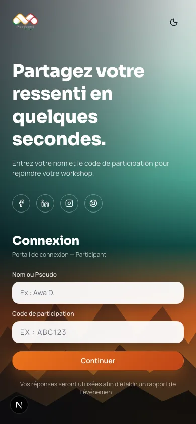 Écran de participation MoodBoard invitant à partager son ressenti en rejoignant un atelier.