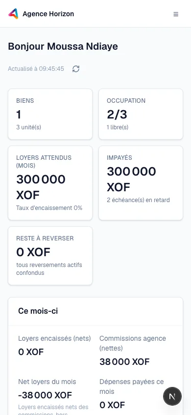 Portail propriétaire Tesseract sur mobile.
