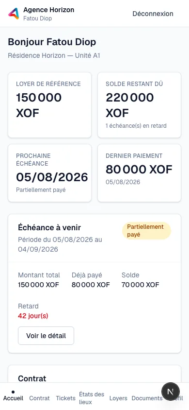 Portail locataire Tesseract sur mobile.
